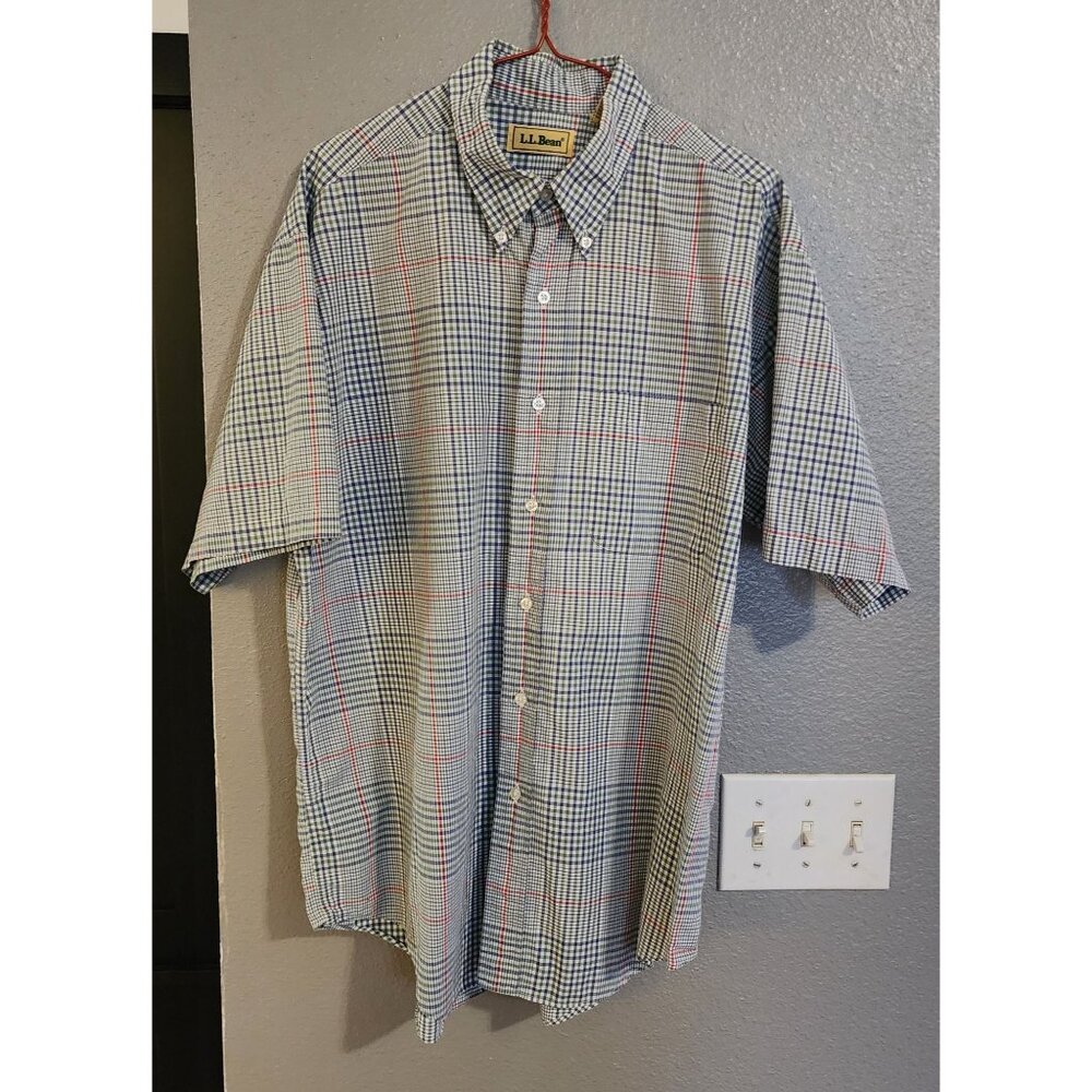 L.L. Bean Mens Large Short Sleeve Plaid Button-Down Shirt Blue‎ Red